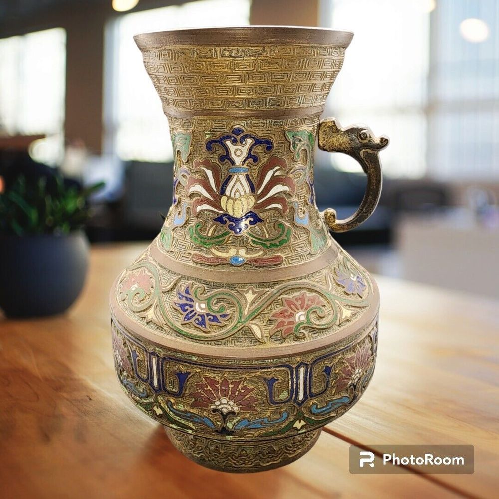 Vintage Heavy Brass Japanese Inlaid Cloisonné Missing 1 Handle Vase Made Japan - Picture 1 of 14